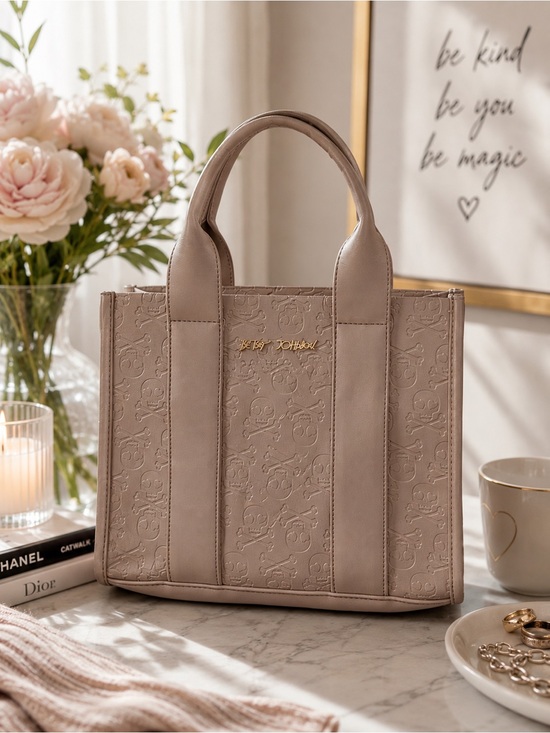 Betsey Johnson Handbags - Betsey Johnson Taupe Skull Embossed Tote Bag Satchel Top Handle Purse